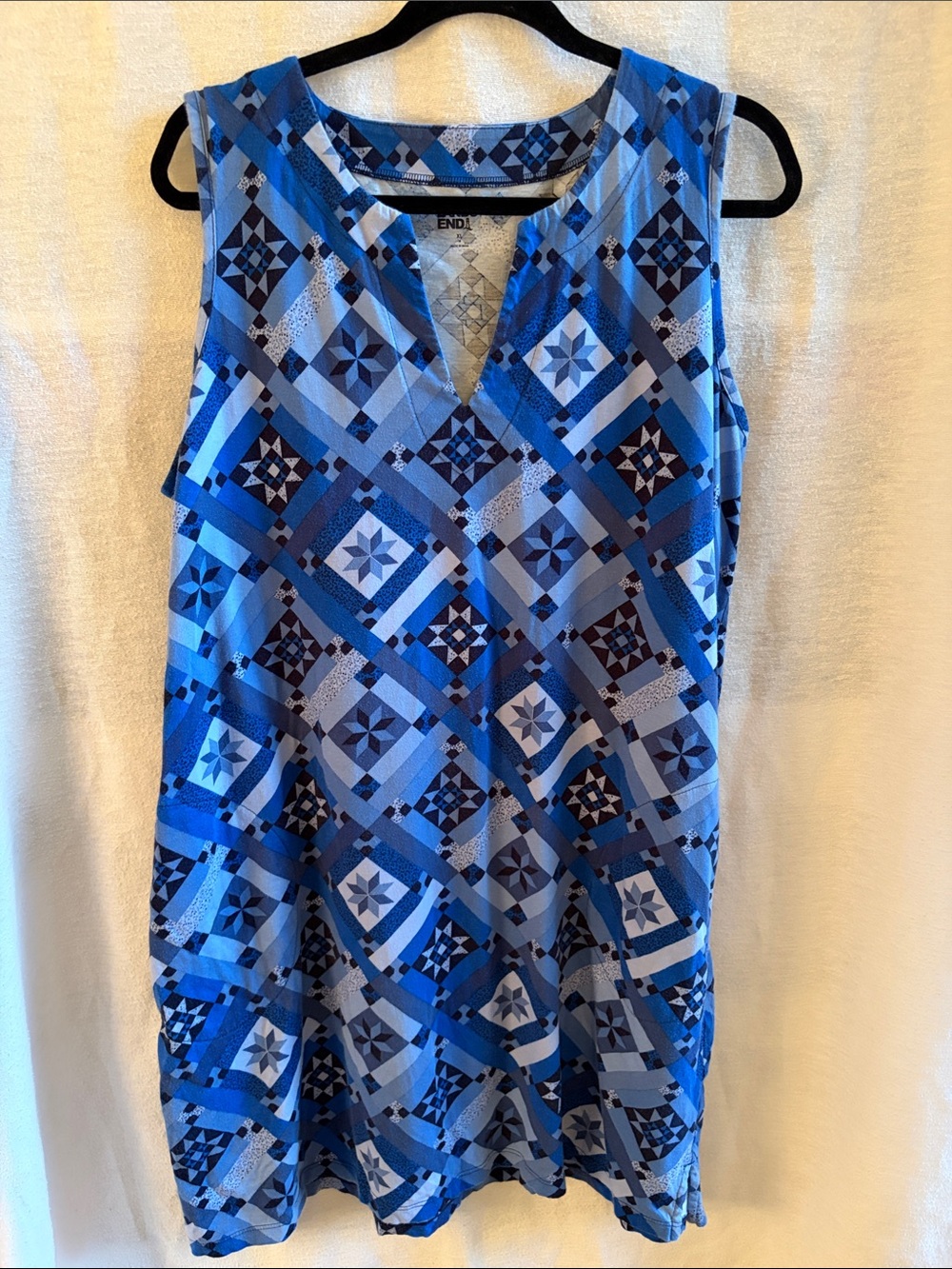 Lands' End Blue Geometric Sleeveless V-Neck Mini Dress
